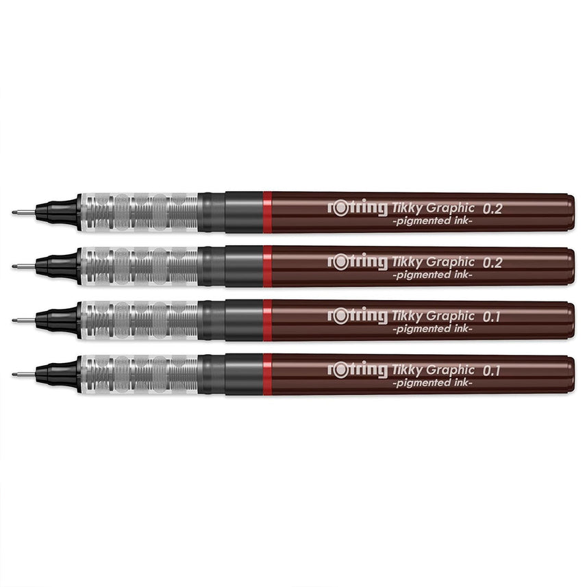 Rotring Tikky Graphic Pigment Liner 0.1mm & 0.2mm Pens - 2 Each With Black Pigmented Ink, Fibre Tip, 4 Pen Set for Art Drawings Mandala Calligraphy Outline Art & Craft