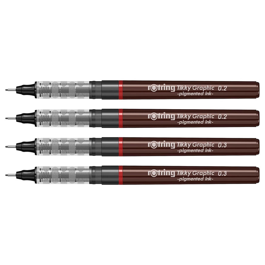 Rotring Tikky Graphic Pigment Liner 0.2mm & 0.3mm Pens - 2 Each With Black Pigmented Ink, Fibre Tip, 4 Pen Set for Art Drawings Mandala Calligraphy Outline Art & Craft