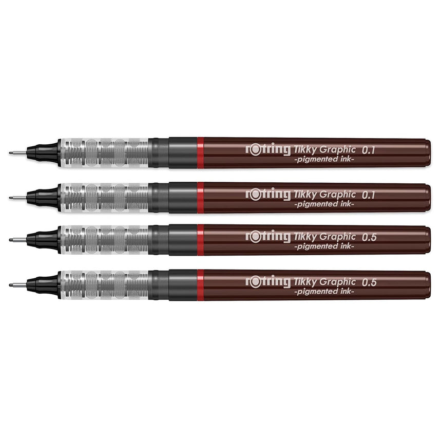 Rotring Tikky Graphic Pigment Liner 0.1mm & 0.5mm Pens - 2 Each With Black Pigmented Ink, Fibre Tip, 4 Pen Set for Art Drawings Mandala Calligraphy Outline Art & Craft