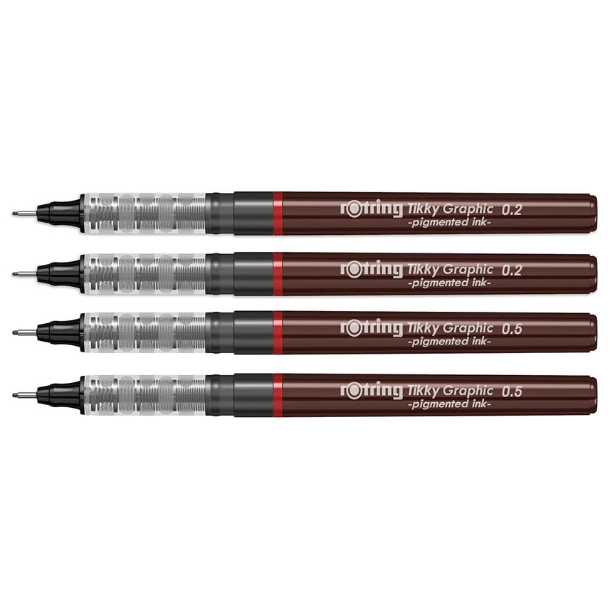 Set of four Rotring Tikky Graphic Fineliners with different nib sizes on a white background