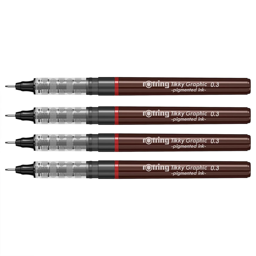 Rotring 0.3mm Line Thickness Tikky Graphic Fineliner with Black Pigmented Lightfast And Water Resistant Ink For Long Life Drawings, Sketching, Non-Refillable, 4 Pen Set