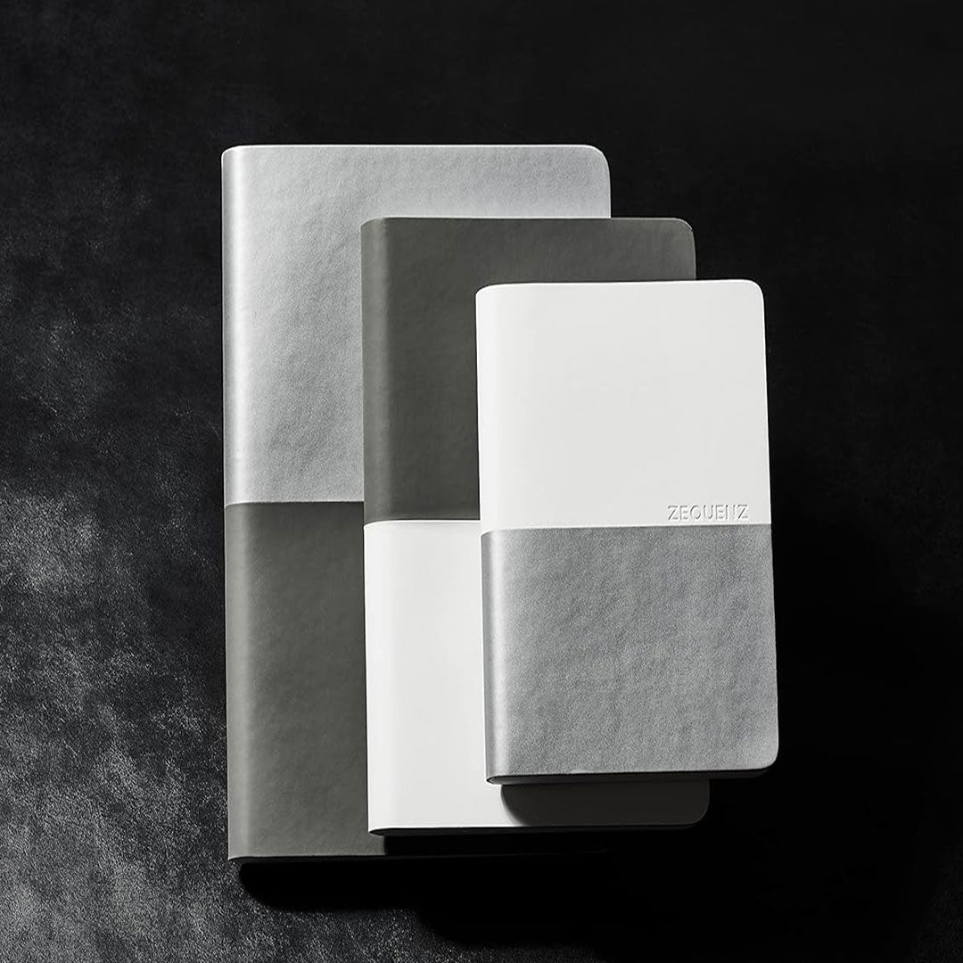 Zequenz A6 Size Grey White Notebook Squared & Blank Acid Free Paper 200 Pages each Ruling 400 Pages 70GSM 360 Degree Flexibility 100% Handmade PU and White paper Basic Plus Series