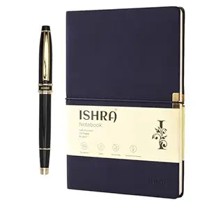 ISHRA Navy Blue Gold Trim Notebook & Pen Gift Set – Blue Ink