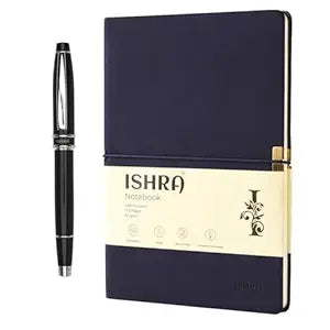 ISHRA Navy Blue Chrome Trim Notebook & Pen Gift Set – Blue Ink