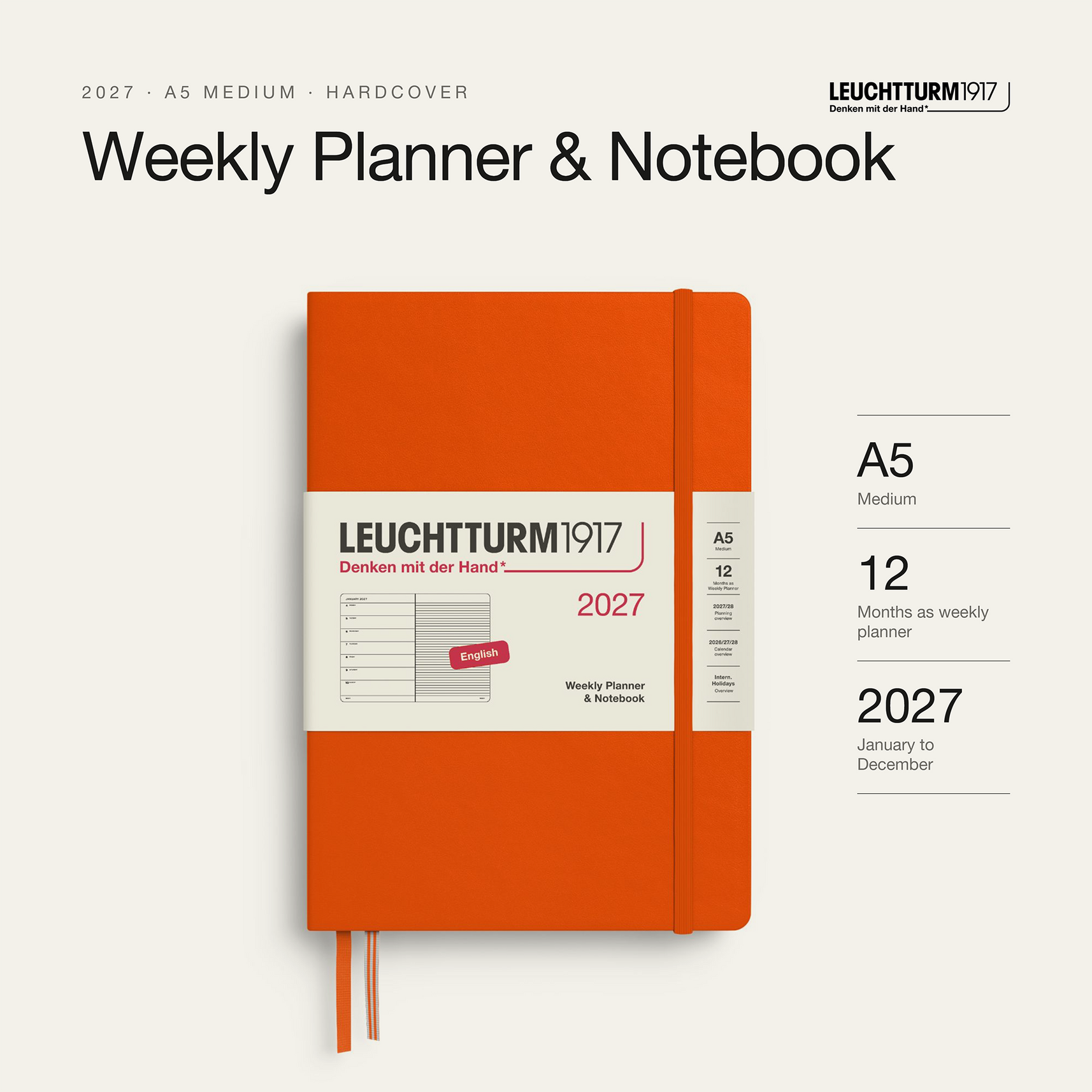 LEUCHTTURM1917 2027 Hardcover Weekly Planner & Notebook Medium (A5) - Pumpkin