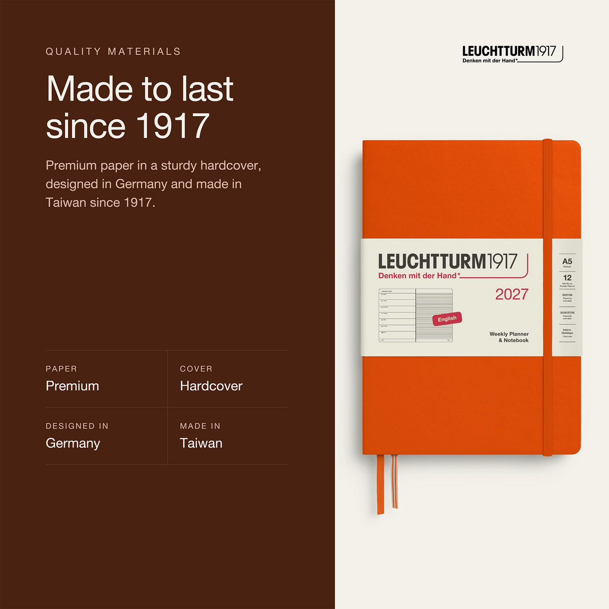 LEUCHTTURM1917 2027 Hardcover Weekly Planner & Notebook Medium (A5) - Pumpkin