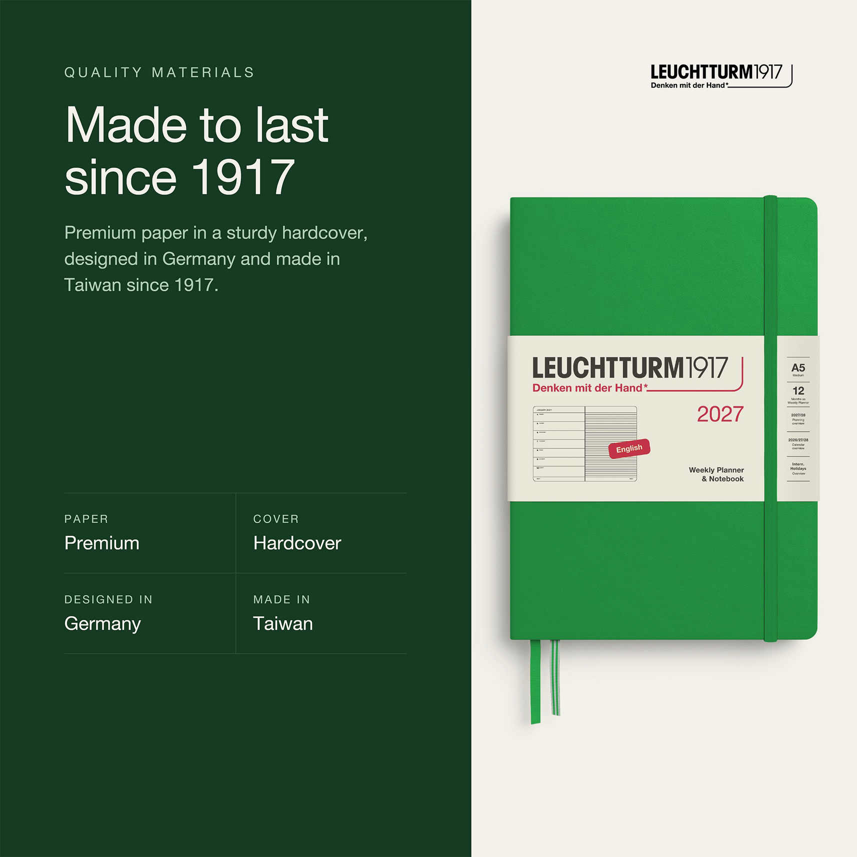 Leuchtturm1917 2027 Weekly Planner & Notebook A5 - Spring Leaf