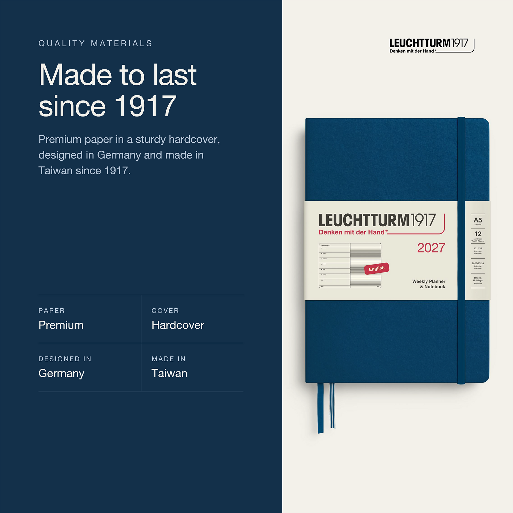 Leuchtturm1917 2027 Weekly Planner & Notebook A5 - Indigo