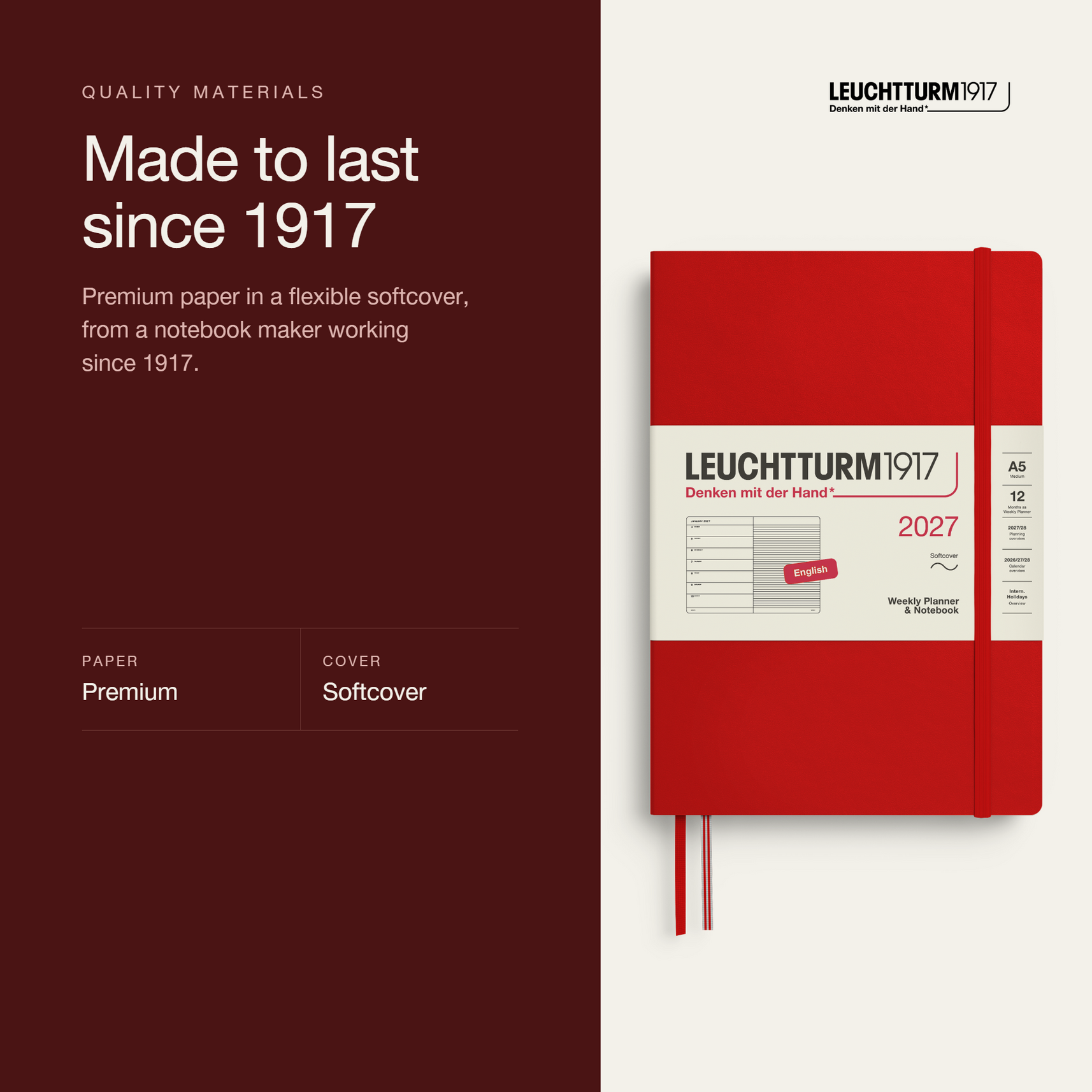 Leuchtturm1917 2027 Weekly Planner & Notebook A5 Softcover - Cherry