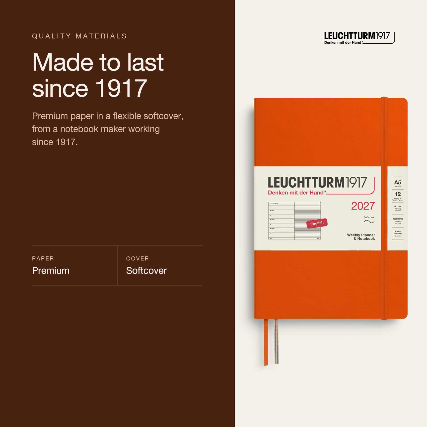 Leuchtturm1917 2027 Weekly Planner & Notebook A5 Softcover - Pumpkin