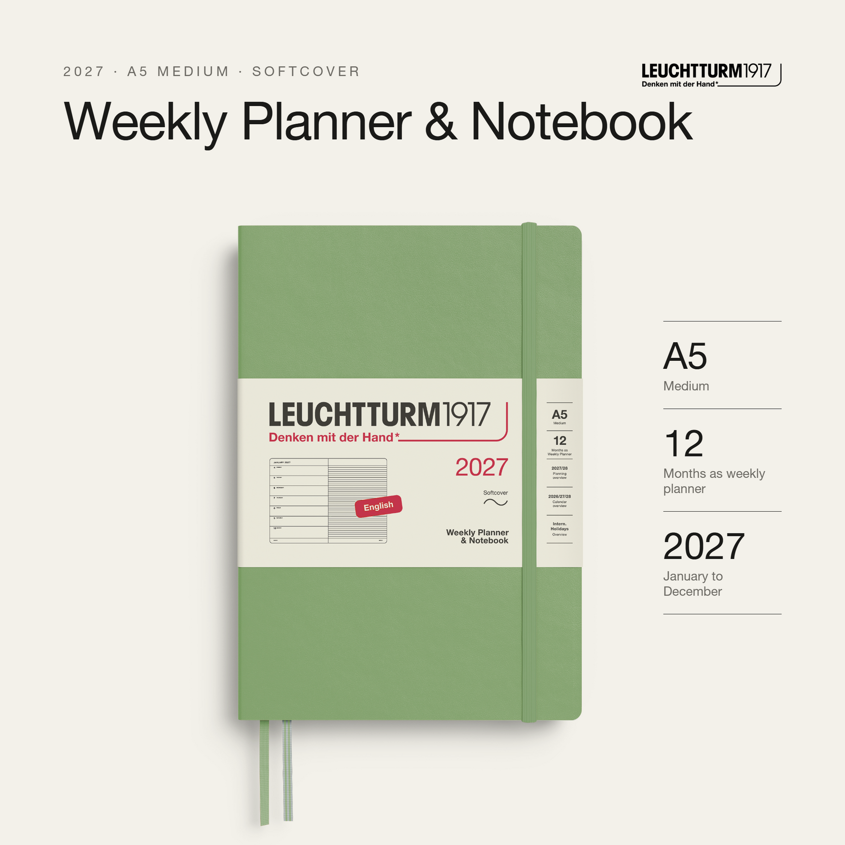 LEUCHTTURM1917 2027 Softcover Weekly Planner & Notebook Medium (A5) - Sage