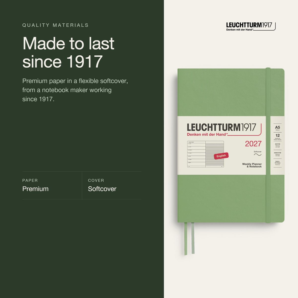 LEUCHTTURM1917 2027 Softcover Weekly Planner & Notebook Medium (A5) - Sage