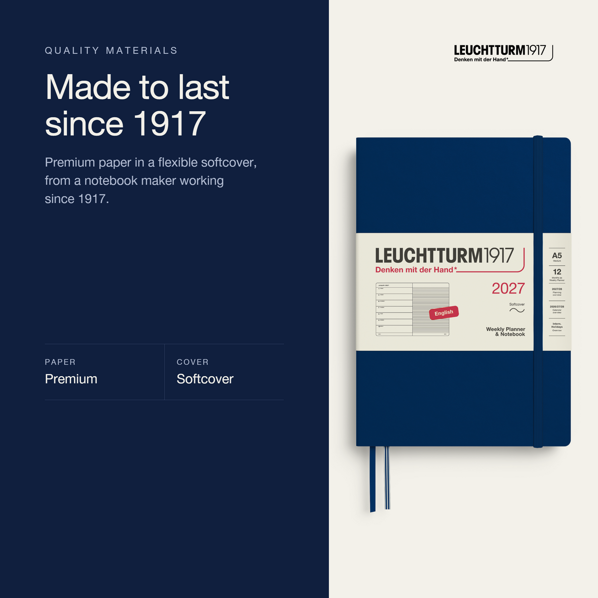 Leuchtturm1917 2027 Weekly Planner & Notebook A5 Softcover - Navyc