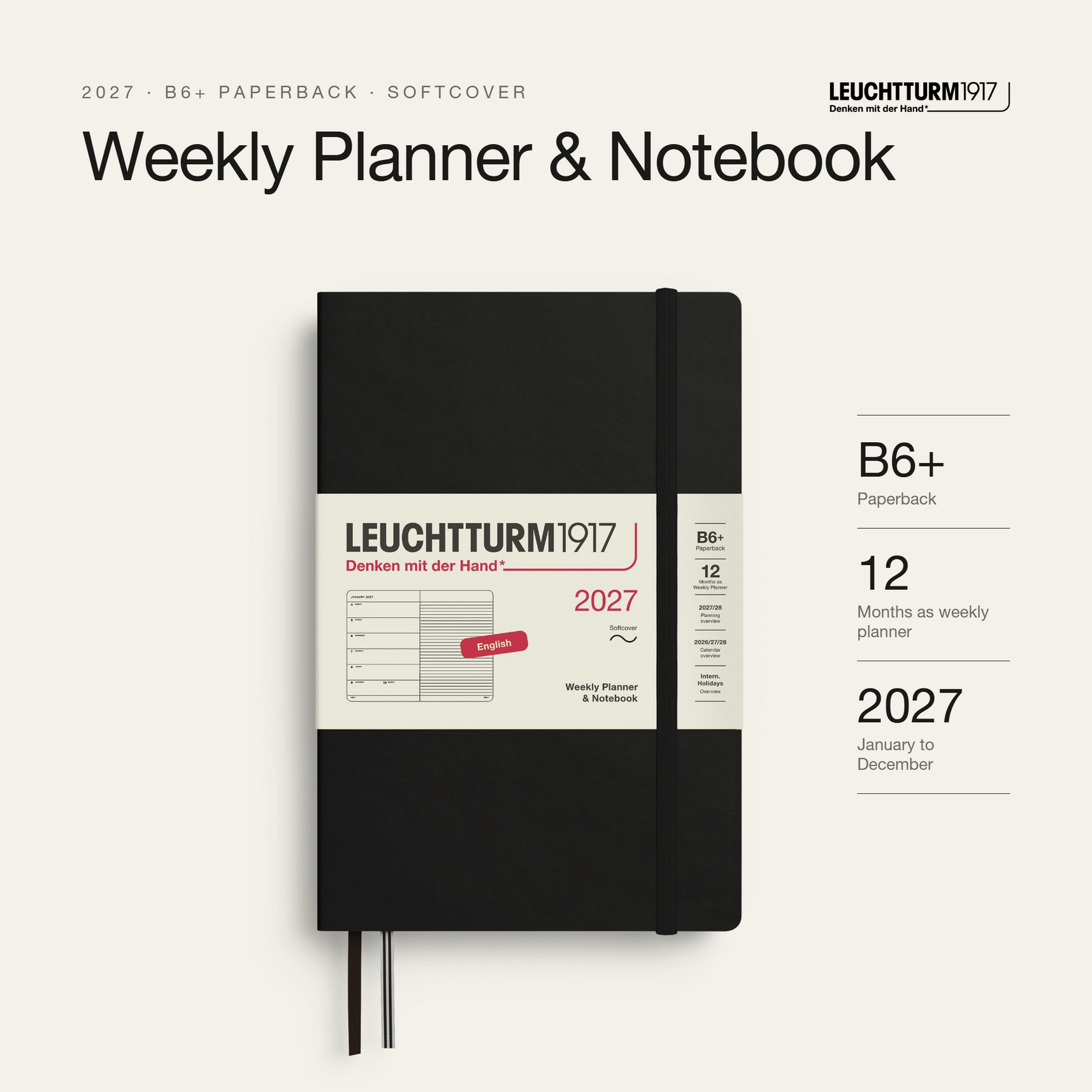 Leuchtturm1917 2027 Weekly Planner & Notebook Softcover (B6+) - Black