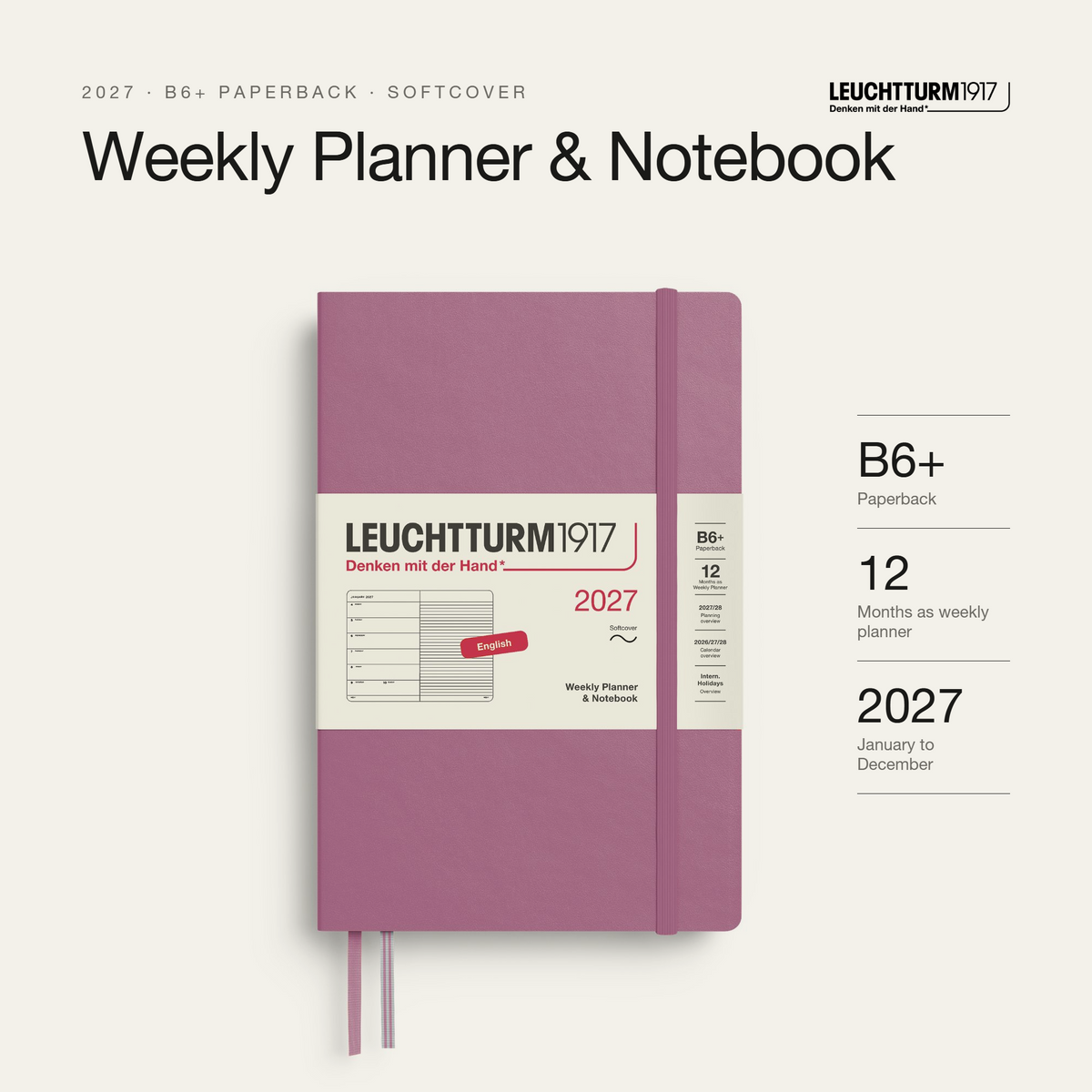 Leuchtturm1917 2027 Weekly Planner & Notebook Softcover (B6+) - Dusty Rose