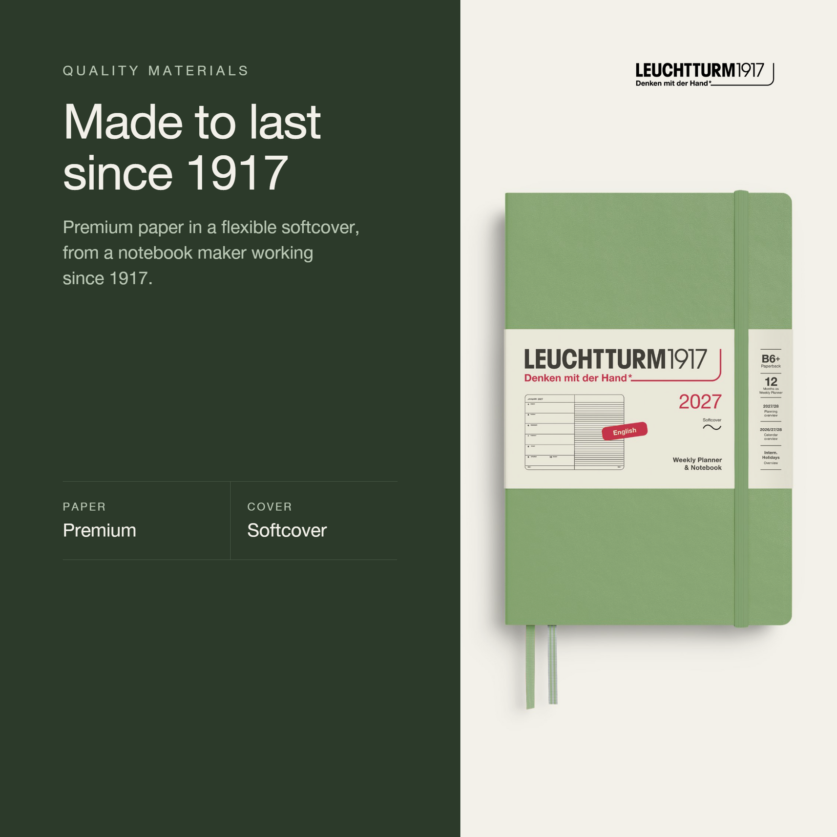 Leuchtturm1917 2027 Weekly Planner & Notebook Softcover (B6+) - Sage