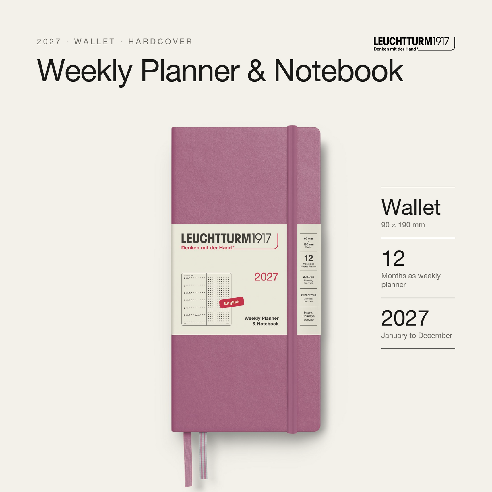 LEUCHTTURM1917 2027 Hardcover Weekly Planner & Notebook Wallet (B6+ x A6), Dotted - Dusty Rose