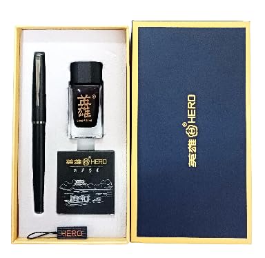 Hero 7066 Matte Black Fountain Pen Set with Extra Fine Nib – Includes Ink Bottle, Cartridges, Converter, and Premium Packaging for Smooth Writing [Silver Chrome]