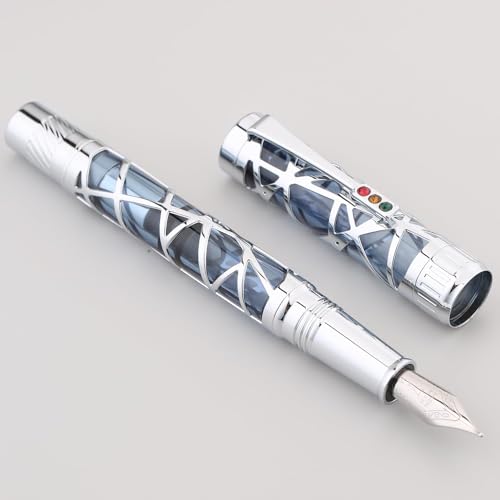 Moonman T6 Art Center Skeleton, Piston Filling 0.7MM Medium Nib Fountain Ink Pen, Light Blue Acrylic Silver Trim with Gift Box Set