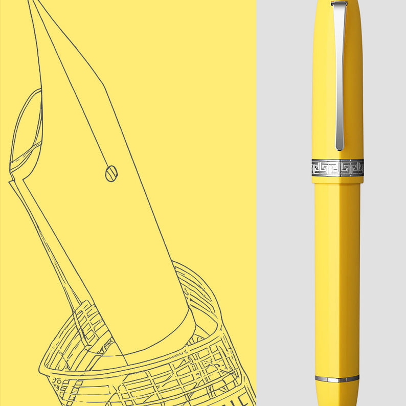 Moonman V60 Triangular Piston Fountain Pen – Ergonomic Fine Writing Instrument with Resin Body And Gift Box (Yellow With Silver Trim & Clip)