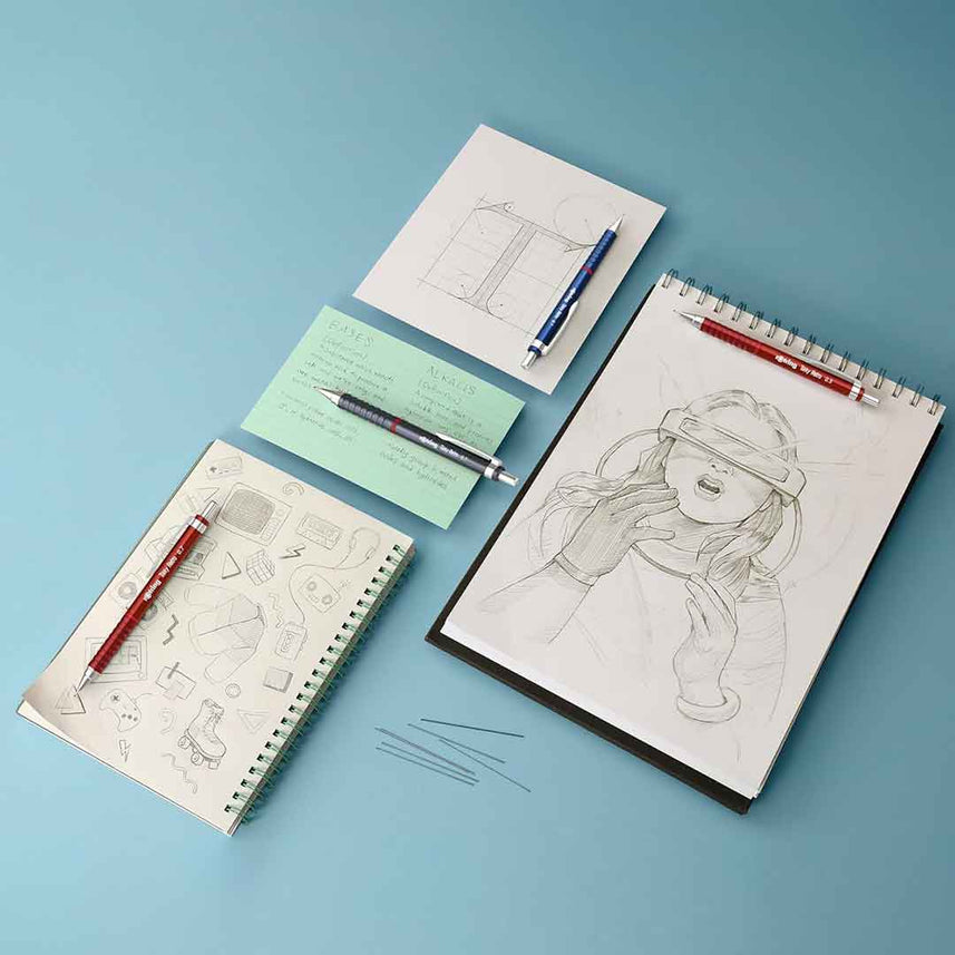 Rotring | 0.7mm  | Metallic Grey Clutch Lead | Mechanical Pencil | Tikky Retro | 2B Lead | Eraser Inbuilt