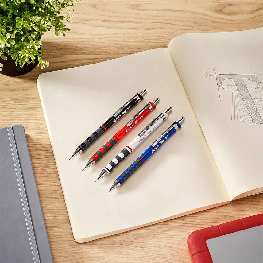 Rotring | Tikky | Mechanical Pencil, Ballpoint, Eraser & Lead Refills Set | HB Lead, 0.5 mm Pencil | Medium Point Pen | Black Barrel | Lightweight with Rubberised Grip