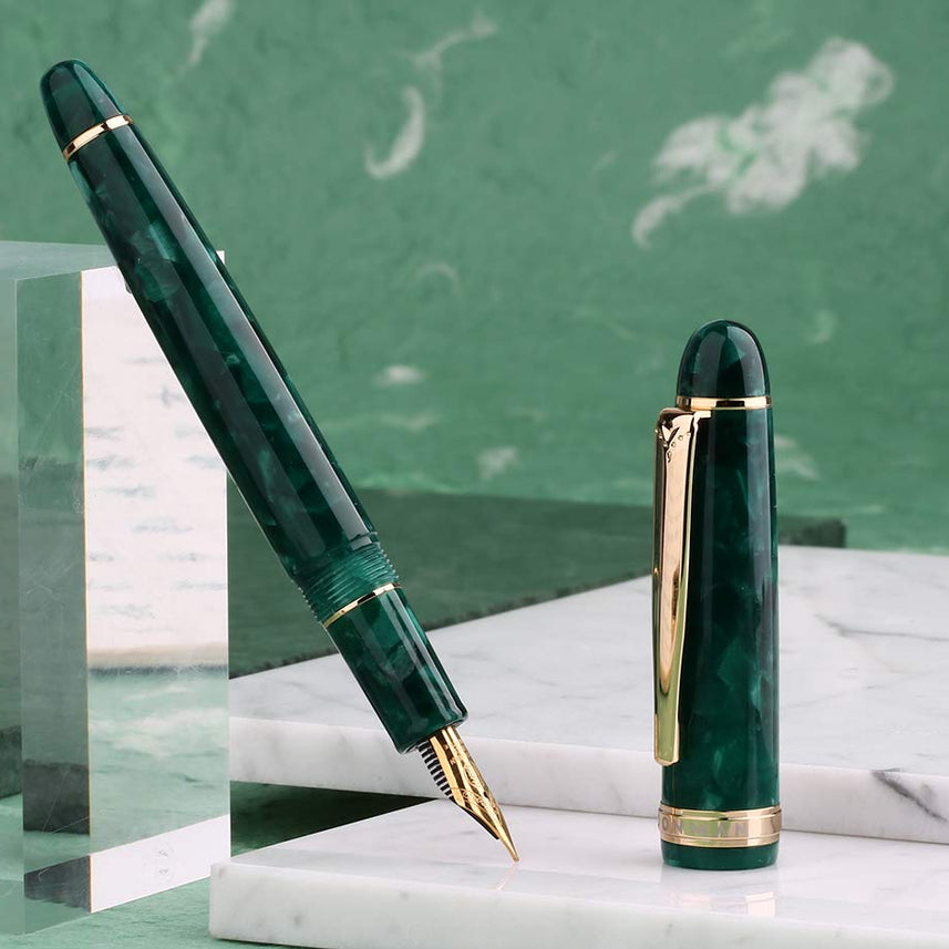 Moonman S3 Fountain Pen, Iridium Fine Nib, Gold Trim and Clip, Green Marble