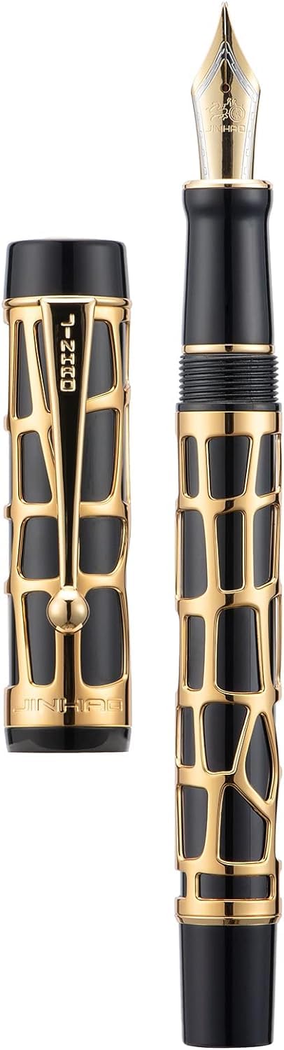 Jinhao 100 Skeleton Series Fountain Pen – Black Resin with Gold Abstract Metal Cage, Medium Nib, Includes Converter