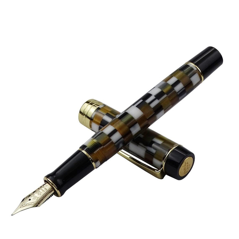 Jinhao 100 Centennial Gold Fountain Pen – Fine Nib, Brown Resin Checkerboard Design, Elegant Gift Pen