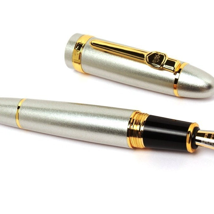 Jinhao 159 Heavyweight Signature Fountain Pen – Shiny Silver with Gold Trims, Streamlined Design, Medium Nib & Ink Converter