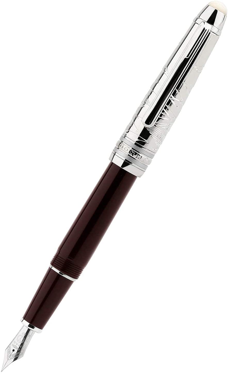Moonman P135 Red Resin Fountain Pen Small Bent Nib, Beautiful Desert Eagle Metal Pen Cap Pearl Top