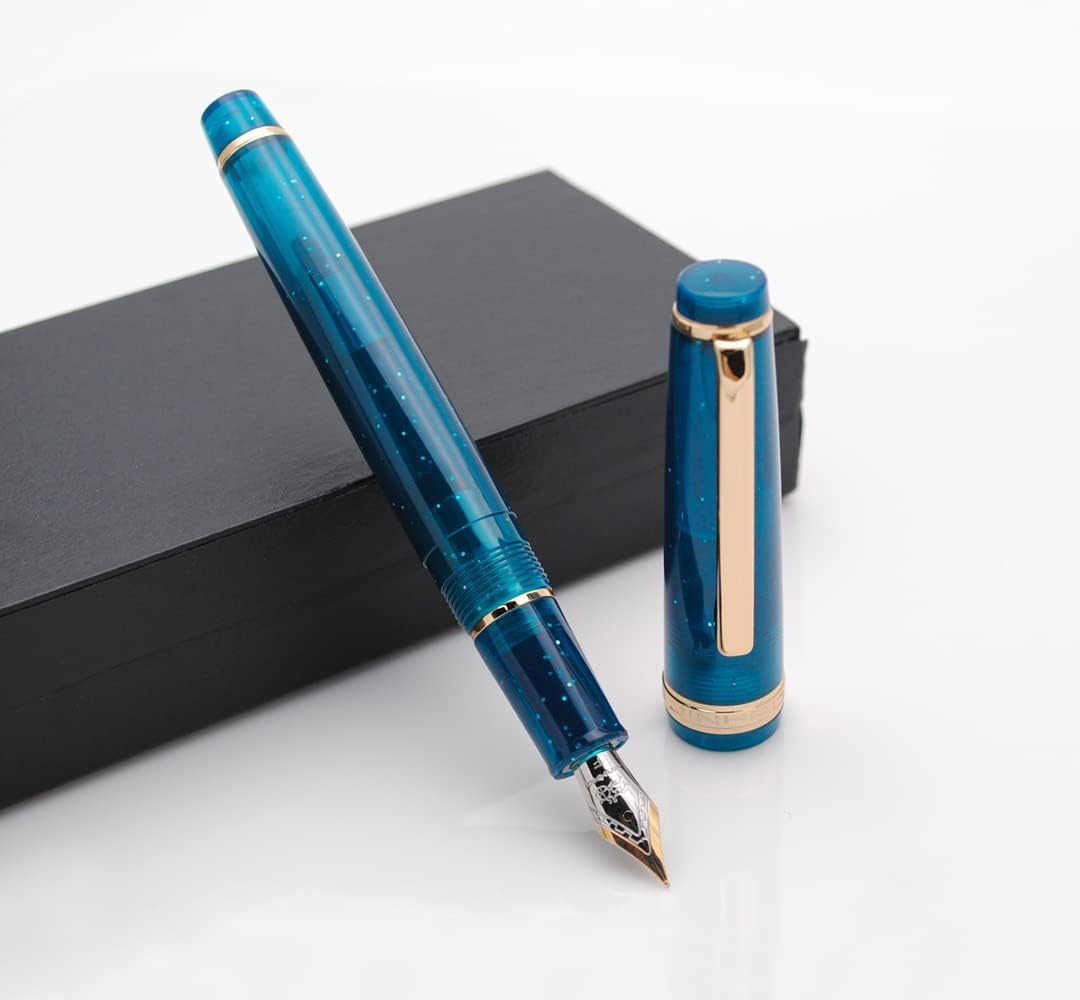 Jinhao 82 Transparent Deep Sea Blue Celluloid Fountain Pen with Fine Nib, Gold Clip & Ink Converter