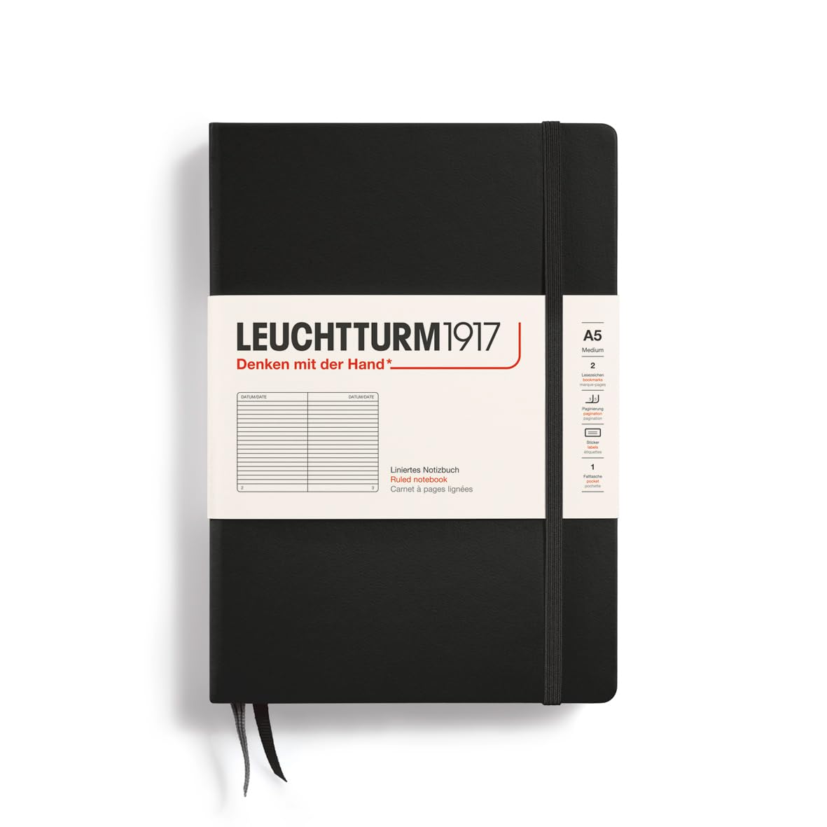 LEUCHTTURM1917 Hardcover Notebook Medium (A5), Ruled, 251 Pages - Black
