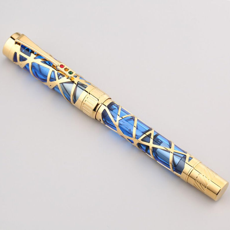 Moonman T6 Fountain Pen – Art Center Skeleton Design, Piston Filling, Medium Nib, Acrylic Silver Trim (Blue Sky Gold)