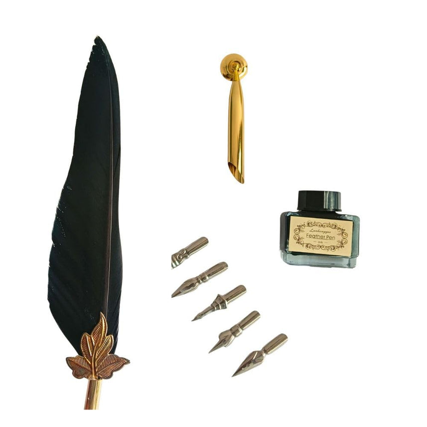 Feather Quill Pen and Ink Set – Antique Calligraphy Dip Pen with 5 Extra Nibs, Vintage Writing & Calligraphy Set