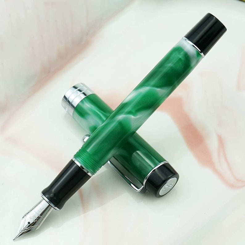 Jinhao 100 Classic Fountain Pen Celluloid Silver Clip, Fine Nib with Converter, Green White