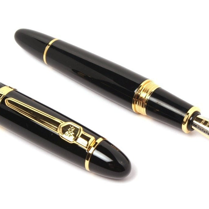 Jinhao 159 Heavyweight Signature Fountain Pen – Shiny Black with Gold Trims, Streamlined Design, Medium Nib & Ink Converter