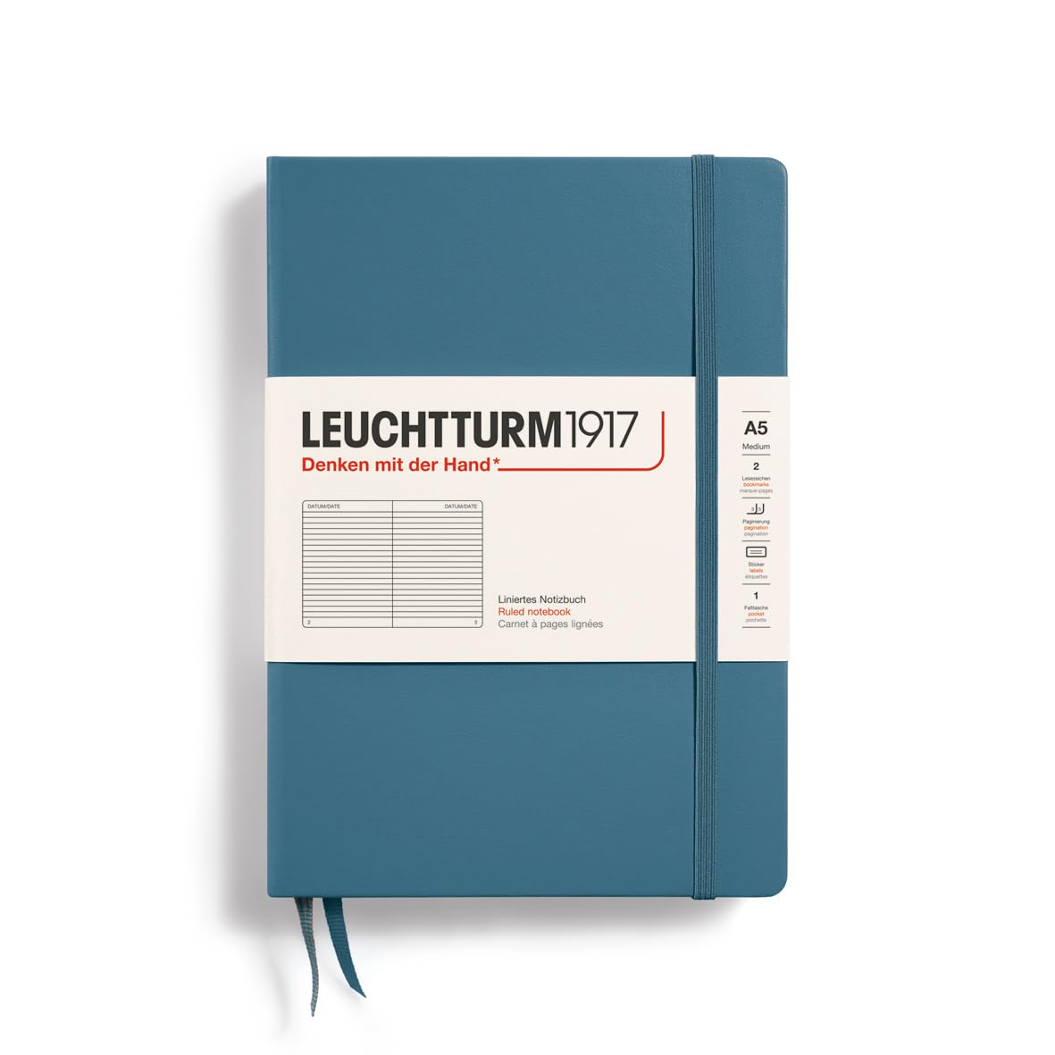 LEUCHTTURM1917 Hardcover Notebook Medium (A5), Ruled, 251 Pages - Stone Blue