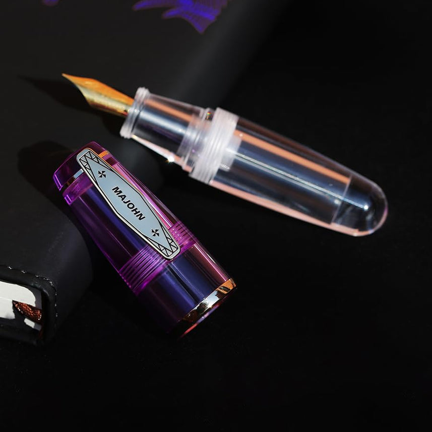 MAJOHN Q3 Mini Eyedropper Fountain Pen, Transparent Resin Short Pocket Pen, Iridium Fine Nib Large Capacity Writing Pen Case Set (Purple)