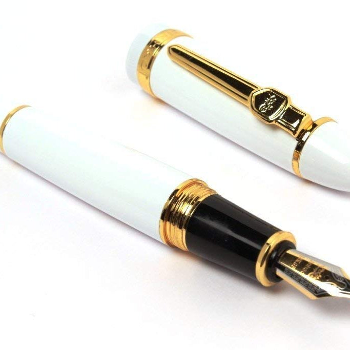 Jinhao 159 Heavyweight Signature Fountain Pen – Shiny White with Gold Trims, Streamlined Design, Medium Nib & Ink Converter