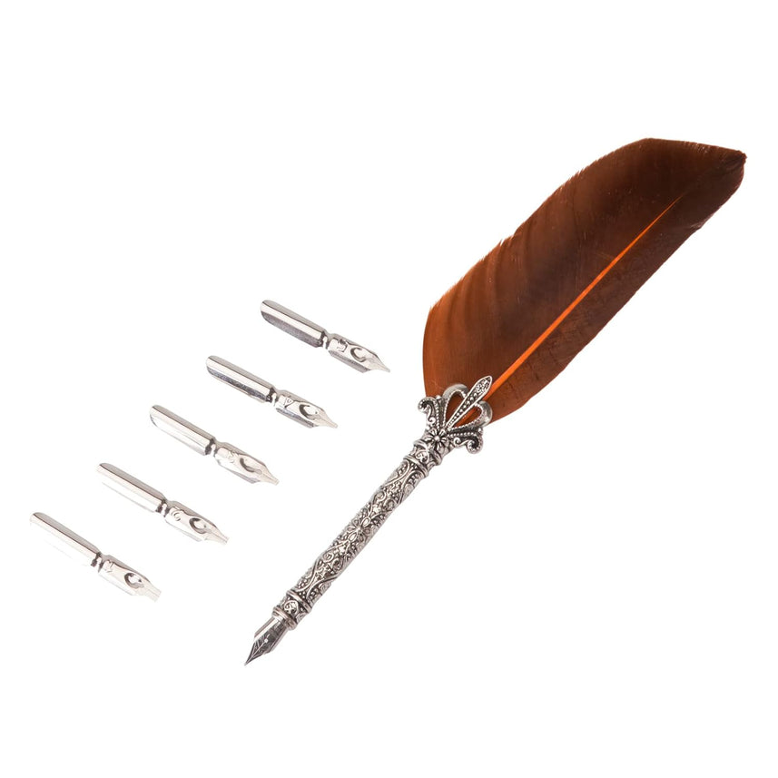 Feather Dip Fountain Pen – Natural Feather Quill Pen Set with 5 Stainless Steel Nibs for Calligraphy & Writing (Dark Orange)