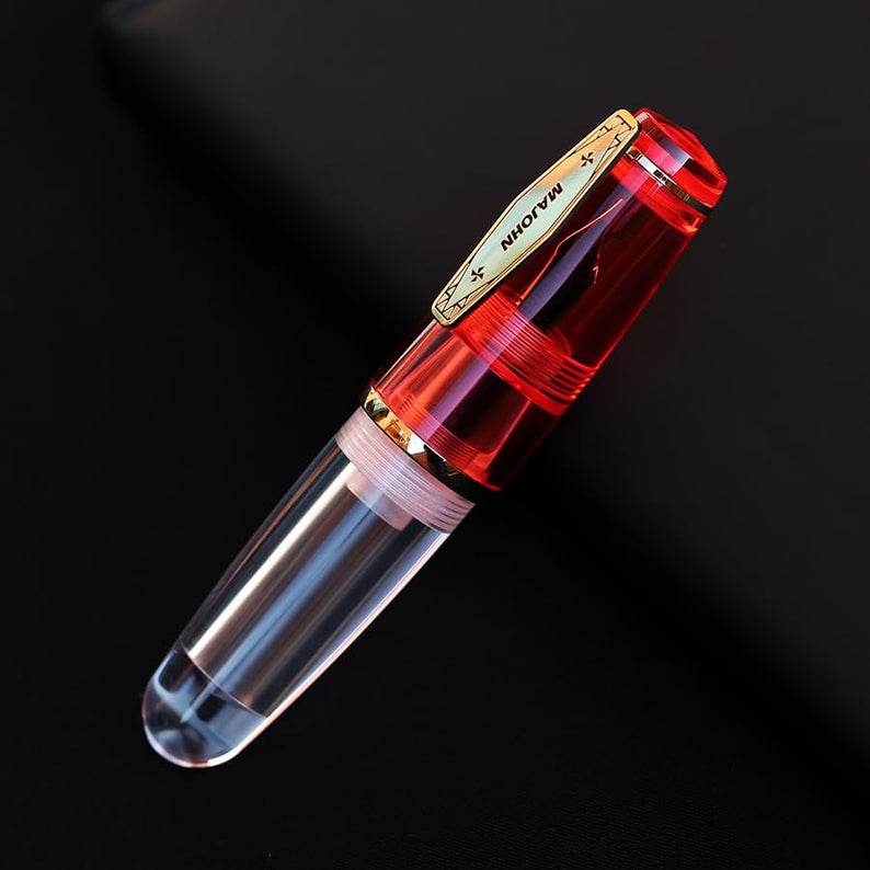 MAJOHN Q3 Mini Eyedropper Fountain Pen, Transparent Resin Short Pocket Pen, Iridium Fine Nib Large Capacity Writing Pen Case Set (Red)