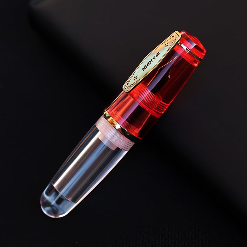 MAJOHN Q3 Mini Eyedropper Fountain Pen, Transparent Resin Short Pocket Pen, Iridium Fine Nib Large Capacity Writing Pen Case Set (Red)