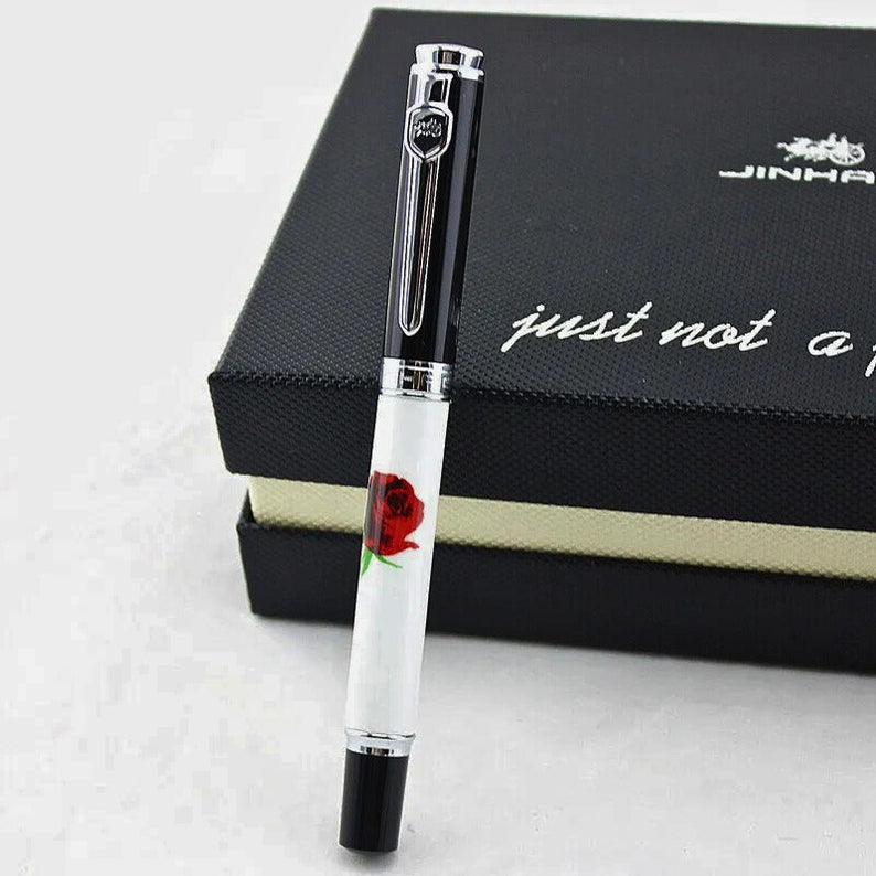 Jinhao 8802 Fountain Pen, Rose Painting, Medium Nib, Elegant Writing Pen