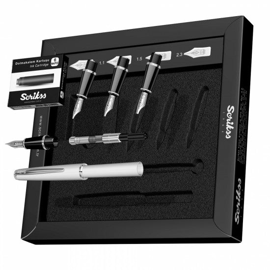 Scrikss | Calligraphy | Pen Set | White Acrylic Carbon Fiber | Medium, 1.1mm, 1.5mm, 2.3mm Nib - penpencilink