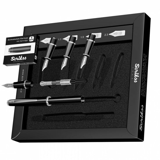 Scrikss | Calligraphy | Pen Set | Black | Medium, 1.1mm, 1.5mm, 2.3mm Nib - penpencilink