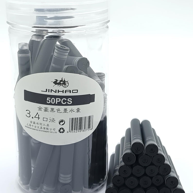 Jinhao Ink Cartridges Refills, Disposable and Universal – 3.4mm Bore Diameter 50Pcs Ink Cartridges Jar for School, Student, and Office (Black)
