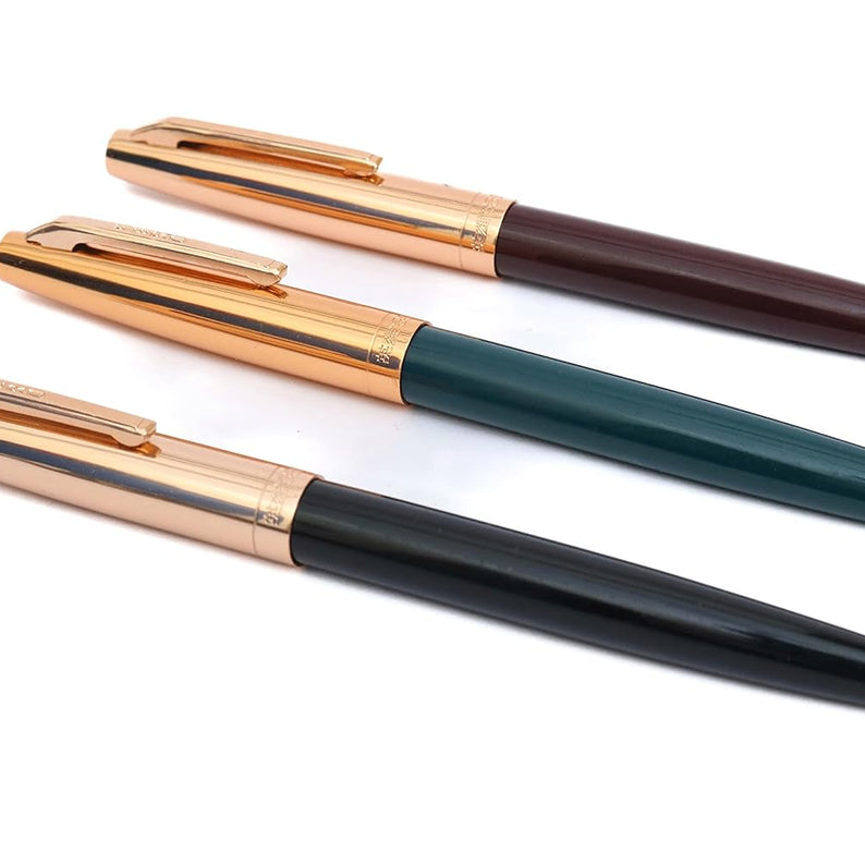 Hero 336 Fountain Pen Set (3-Pack) – Fine Nib, Gold Arrow Pattern On The Barrel , Gold Cap – Green, Maroon, Black