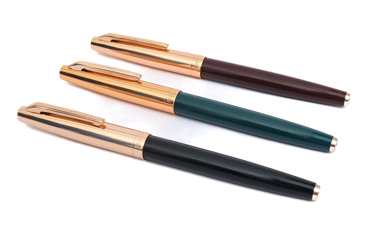 Hero 336 Fountain Pen Set (3-Pack) – Fine Nib, Gold Arrow Pattern On The Barrel , Gold Cap – Green, Maroon, Black