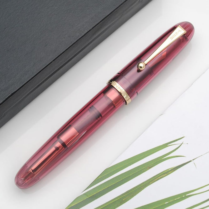 Jinhao 9019 Fountain Pen – 0.38mm Extra Fine Nib, Large Ink Converter, Gold Trim And Clip, Transparent Clear Design, Smooth Writing Pen (Transparent Pink)